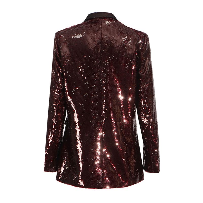 Abbigliamento da donna, design alla moda, piccolo abito con paillettes, elegante blazer con paillettes per donna - giacca da ufficio slim fit con scollo a V e design che stringe la vita_voghion.com