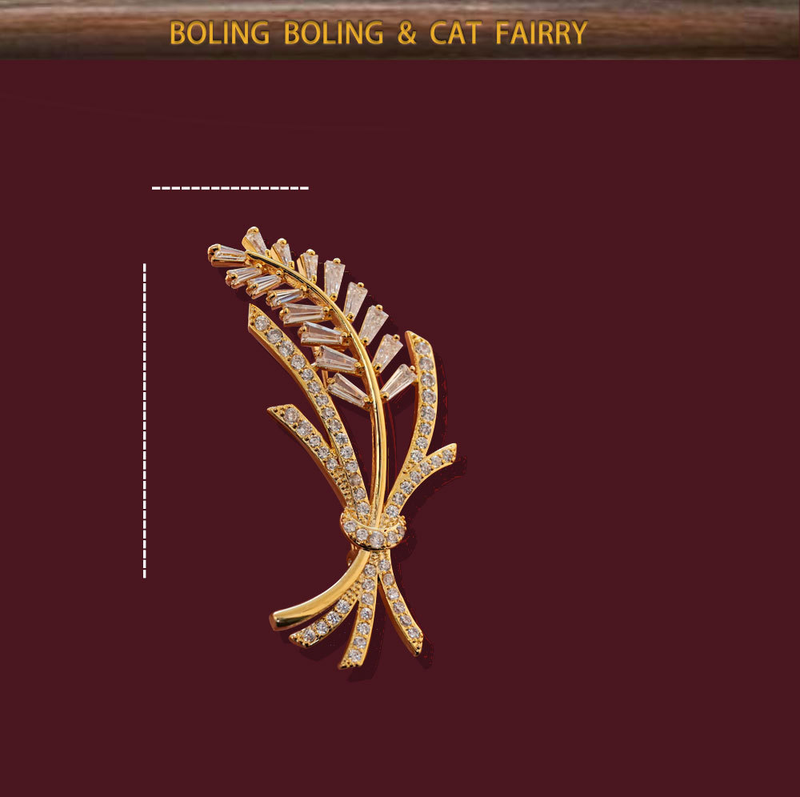 Spilla di grano in stile autunnale e invernale in ottone placcato oro, spilla intarsiata con micro zirconi, spilla di alta qualità_voghion.com