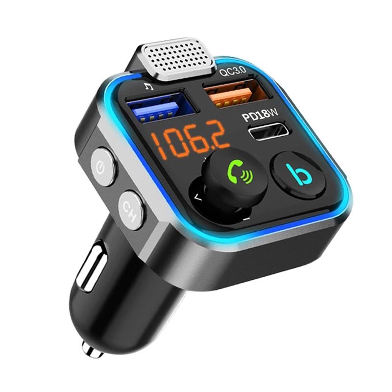 Auto Bluetooth-compatibele 5.0 FM-zender Eén toets bas mp3-speler Grote microfoon USB-muziek afspelen QC3.0 PD20W snellader_voghion.com
