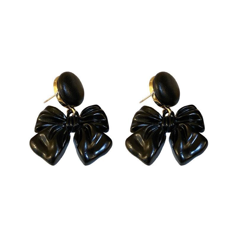 Silver Needle Leather Button Bow Earrings Retro Hong Kong Style Ins Geometric Earrings High-grade Ear Studs For Niche_voghion.com