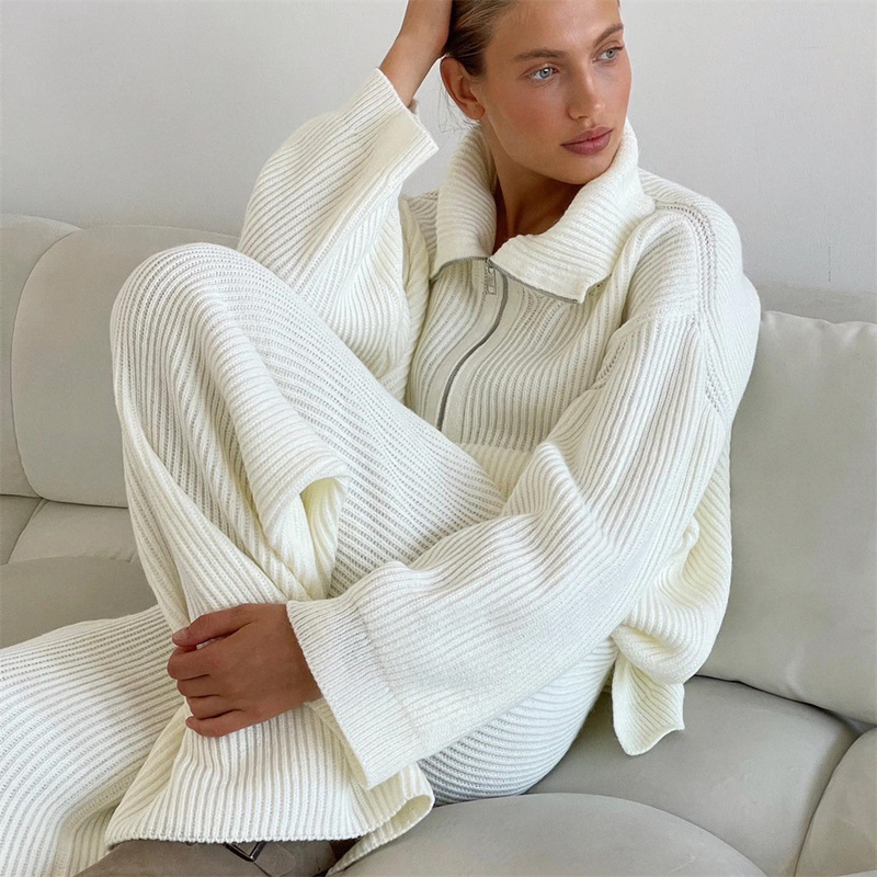 Dameskleding Eenvoudig High End Effen Kleur Pak Herfst En Winter Half Zip Trui Gebreide Rechte Broek Tweedelige Set_voghion.com
