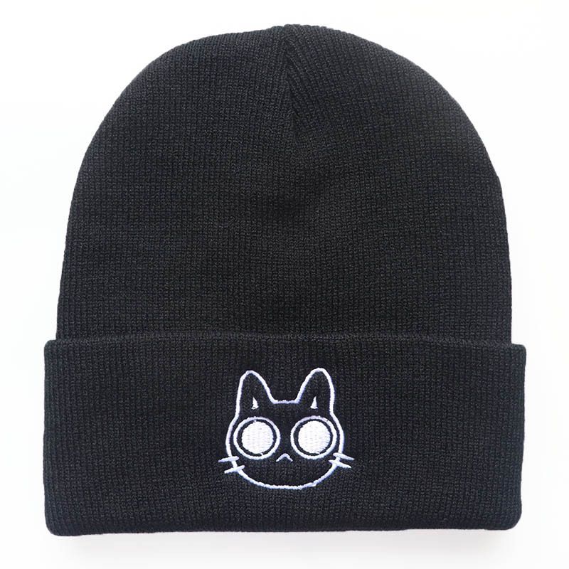 Unisex Cartoon weird cute emoticon cat embroidered knitted hat sleeve warm hat Hip hop wool hat_voghion.com