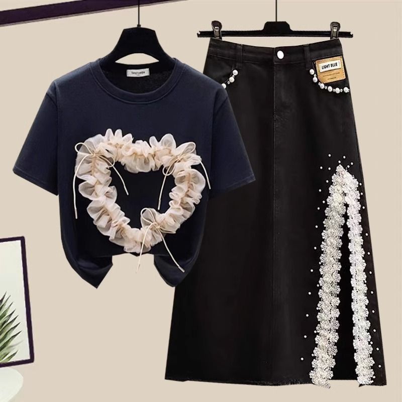 Damen Moud Short-sleeved Top Split Denim Rock Zwee-Stéck Set (Gürtel net abegraff)_voghion.com