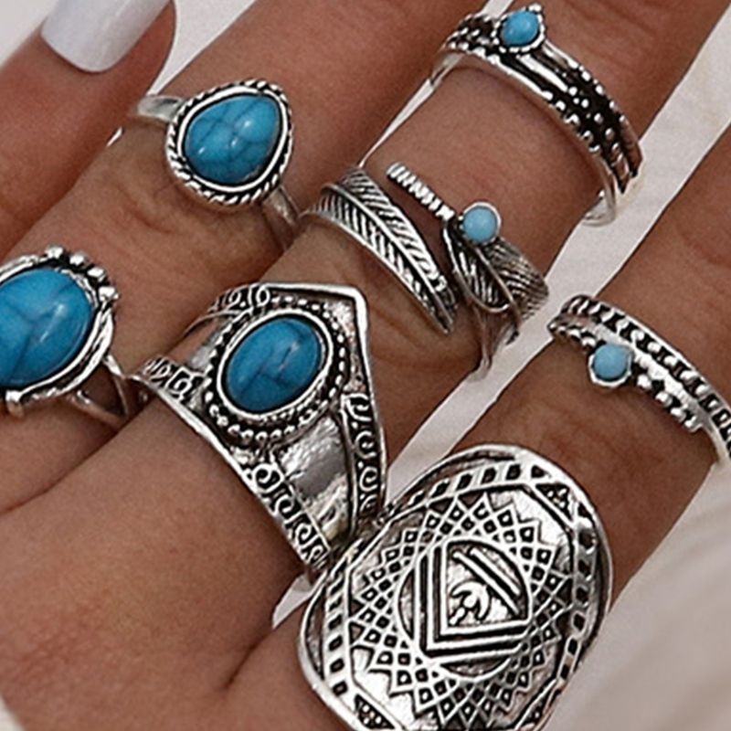 Qianbihe 8 pezzi anelli nocca foglia turchese unisex bohemien anelli impilabili gioielli di moda-argento_voghion.com
