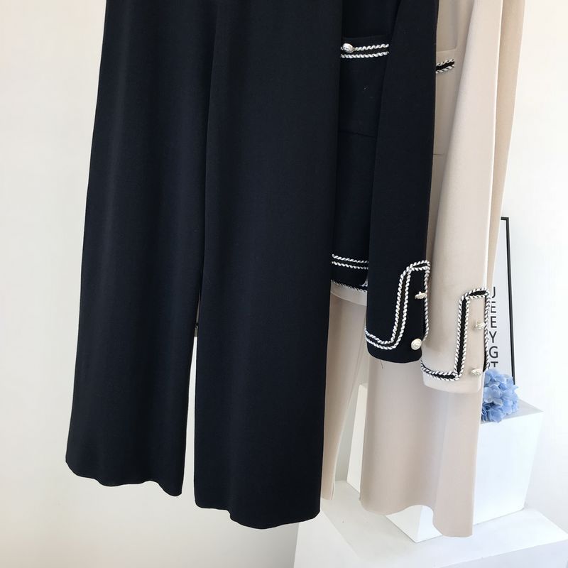 Kadın moda yuvarlak boyun örme hırka üst geniş bacak pantolon iki parçalı set_voghion.com