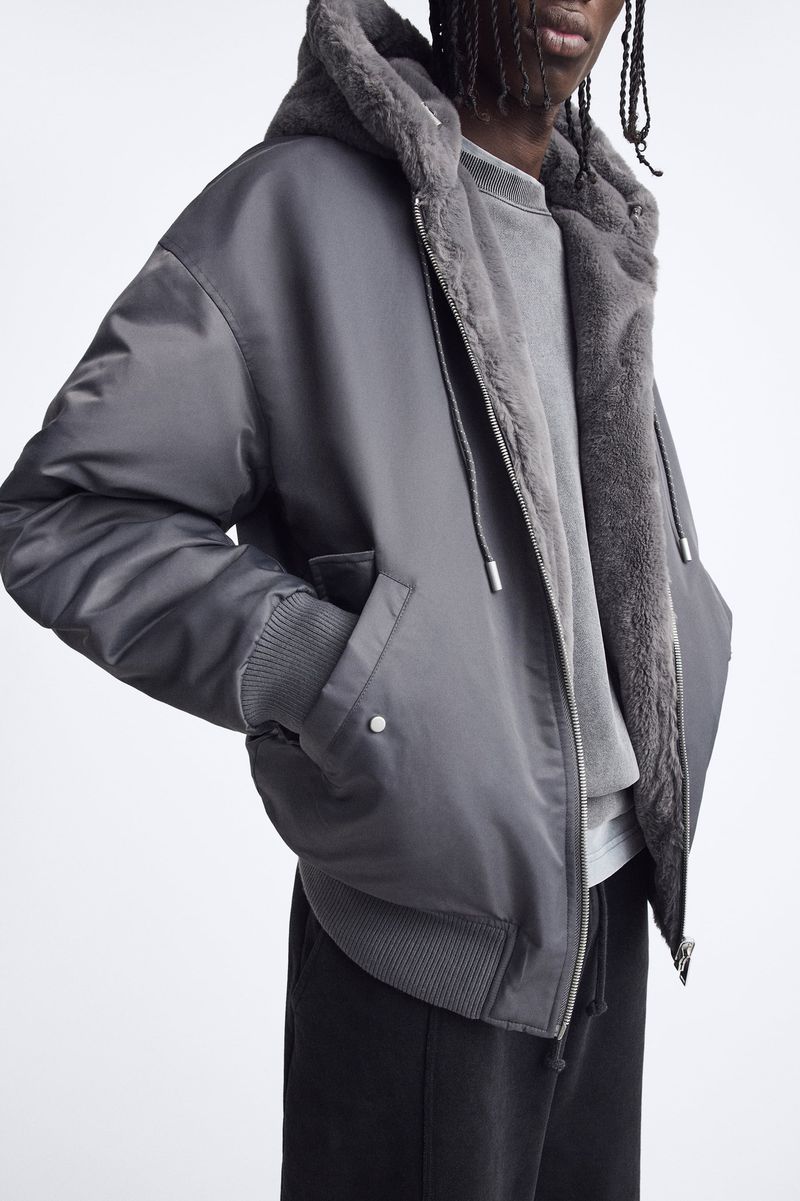 Men's Reversible Thickened Fleece-Lined Hooded Bomber Jacket For Winter, Streetwear Cotton Coat, Black/Grey (S/M/L/XL)_voghion.com