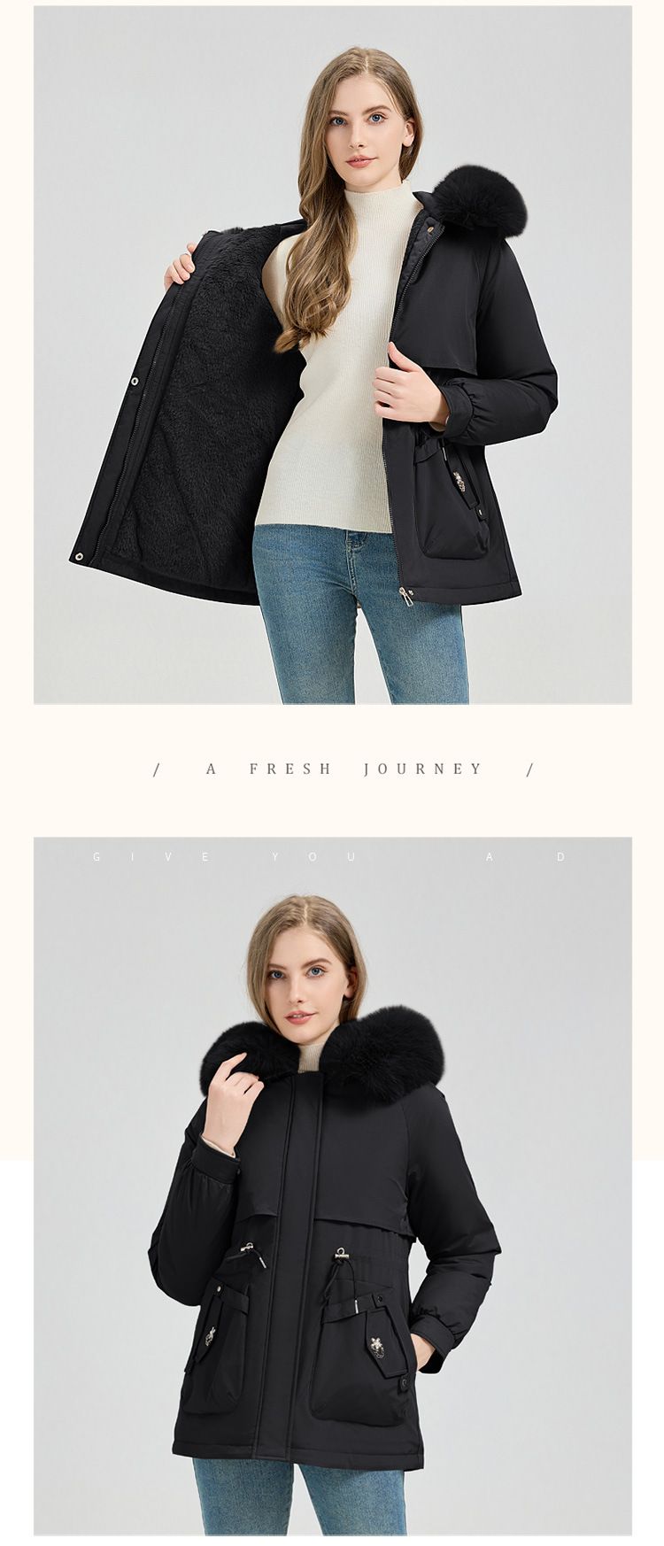 „Übergroßer gesteppter Parka mit abnehmbarem Kunstpelzbesatz – straßentauglicher Kokonmantel (Khaki/Creme/Mokka/Schwarz/Oliv, M-XXXL_voghion.com