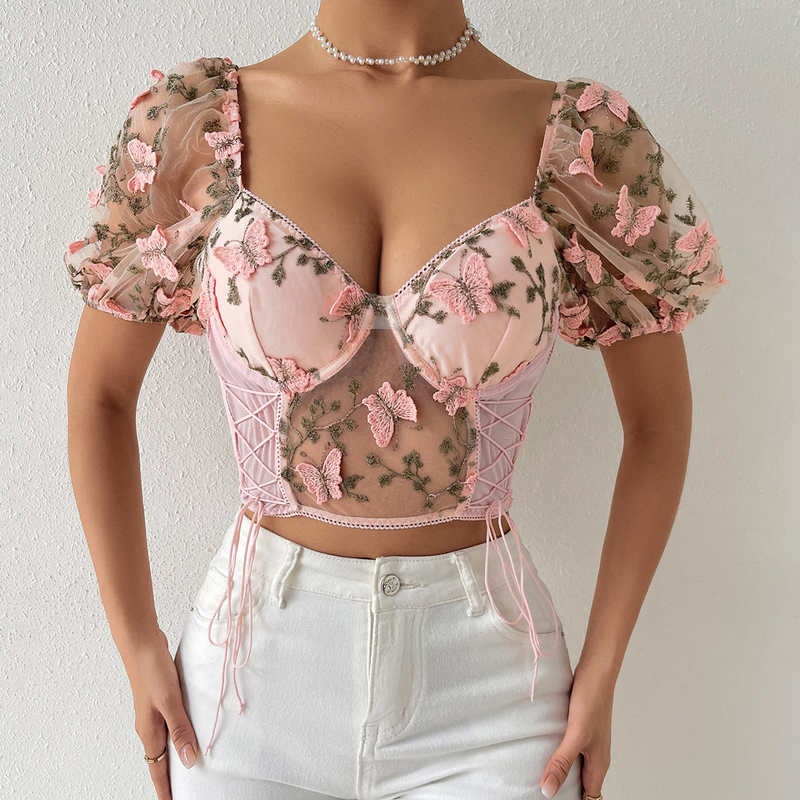 Women's clothing backless perspective suspender splicing mesh gauze small vest_voghion.com
