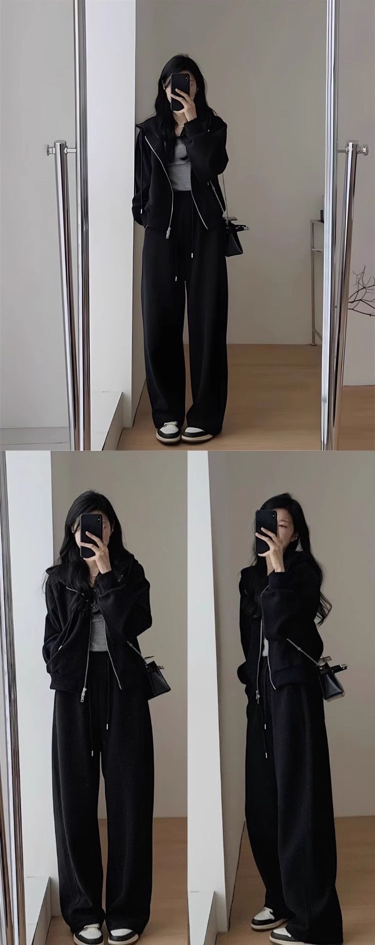 "Slim-Fit Hooded Tracksuit Set – Flowy Wide-Leg Joggers & Zip-Up Jacket (Khaki/Black, M-XXXXXL) | Athleisure & Errand-Ready"_voghion.com
