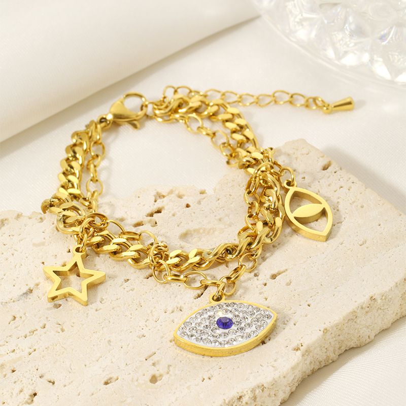 Diamond-encrusted Zircon Devil's Eye Double-layer Necklace Female Personality Versatile Stainless Steel Gold-plated Bracelet_voghion.com