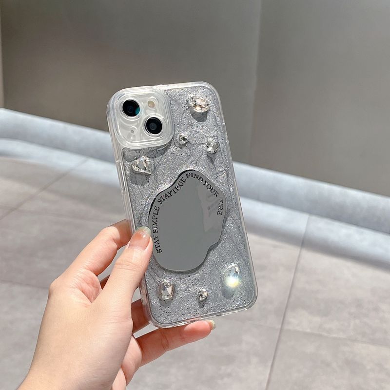 Funda para teléfono móvil con espejo de piedras preciosas con pigmento gris adecuada para iPhone 15 promax funda para teléfono móvil 14 Apple 13 pegamento 12 borde galvanizado_voghion.com