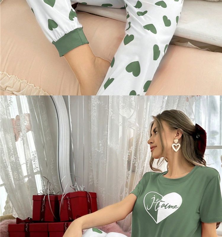 Conjunto de pijama de talla grande para mujer, ropa de estar por casa, estampado en forma de corazón, conjunto de pantalón y camiseta de manga corta, ajustado, informal y cómodo._voghion.com