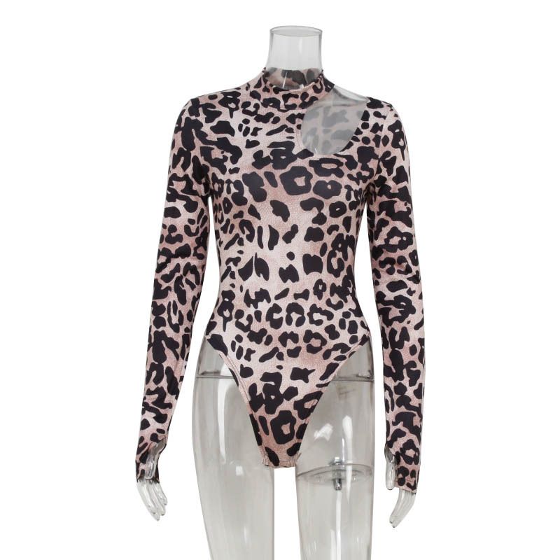 Tuta da donna con stampa leopardata, maniche lunghe, design traforato e vestibilità slim (S-L, pronta per l'estate)_voghion.com