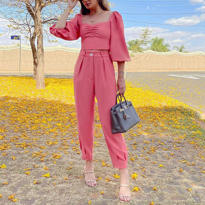 2025 New Autum Witer Wome's Square Neck Slim Fit Short Top Loose Solid Color Casual Log Pats Two-Piece Set For_voghion.com