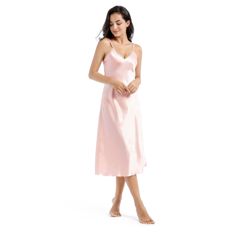 Damenbekleidung in Übergröße, XXL, mittellang und lang, schlank, sexy, großer V-Ausschnitt, Schlinge kann draußen getragen werden, dünner Satin, Schlafanzug_voghion.com