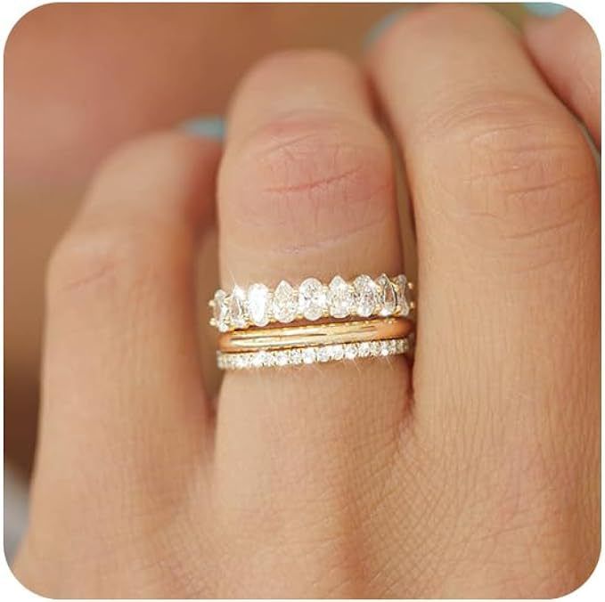 Nuovo set di anelli di fidanzamento impilabili in tre pezzi da donna, in oro 14 carati, con diamanti intarsiati, semplici e creativi, con personalità._voghion.com