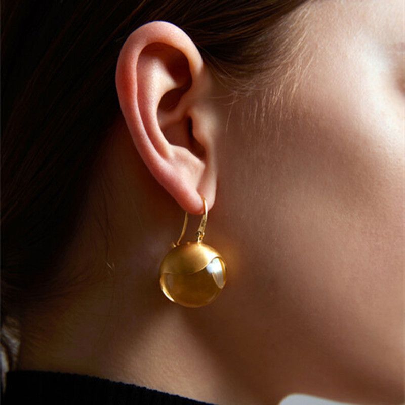 Orecchini da donna minimalisti con sfere in metallo e perline in acrilico trasparente, orecchini a cerchio in oro spazzolato, orecchini rotondi retrò per donna_voghion.com