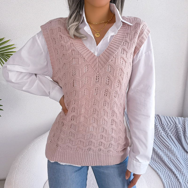 2023 Autumn And Winter Solid Color Hollow Wave V-neck Knitted Vest Sweater Women's Fashion_voghion.com