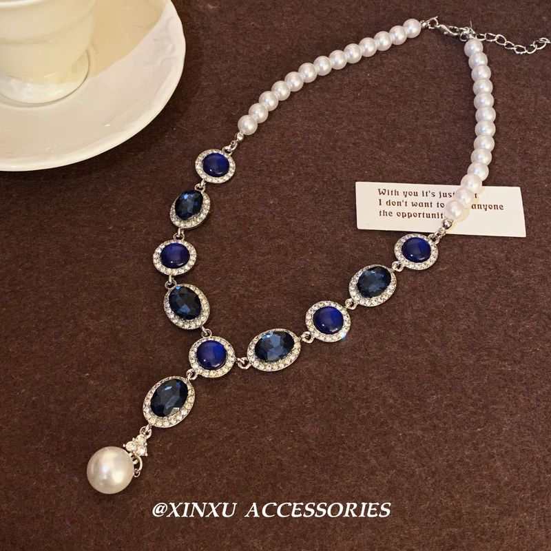 Temperament, Persönlichkeit, leichter Luxus, verträumte blaue Strassquaste, Perlen-Schlüsselbeinkette, modischer Stil, High-End-Sinn, trendiger Artikel_voghion.com