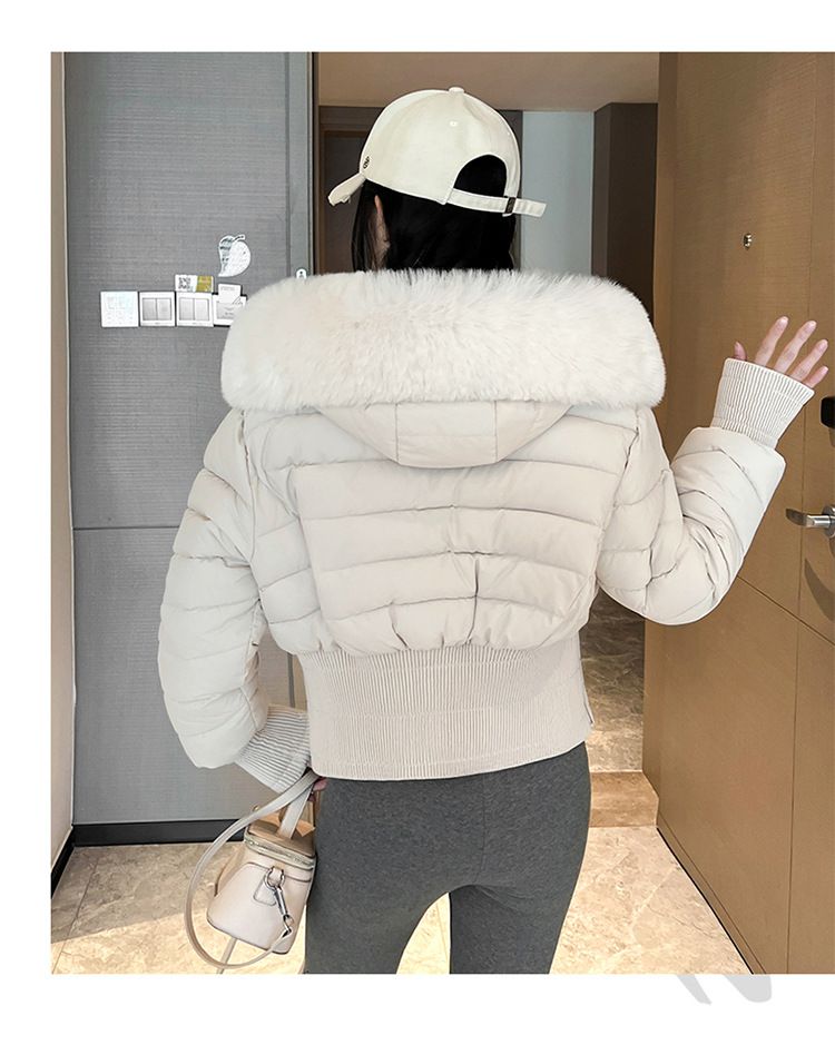 Pufferjacke mit Kunstpelzkapuze für Damen, Winterkurzmantel mit abnehmbarem Kragen, Slim Fit, gesteppte Oberbekleidung in Schwarz/Braun/Creme_voghion.com