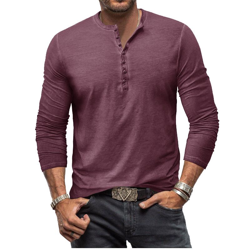 T-shirt da uomo a maniche lunghe slim fit stile retrò, con bottoni del commercio estero, lavata e invecchiata, scollo a V_voghion.com
