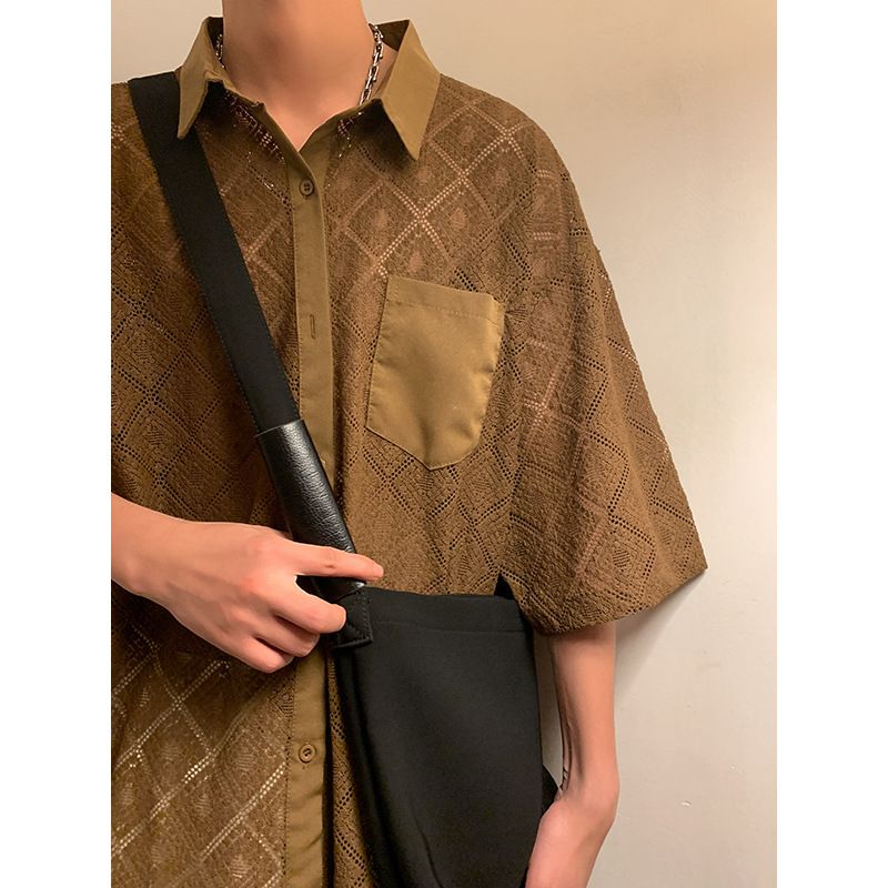 Camicia a maniche corte con risvolto sottile, da uomo, estiva, retrò, ampia, con tasche a 5 punti_voghion.com