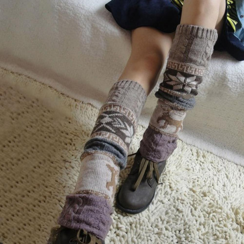 Women Deer Snowflake Patterns Crochet High Stretchy Long-term British Style Cable Knit Knee-High Boot Socks_voghion.com