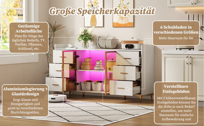 Küchenschrank Weiß 160x87cm, 6 Schubladen, Glastüren, LED-Beleuchtung, Goldgriffe_voghion.com