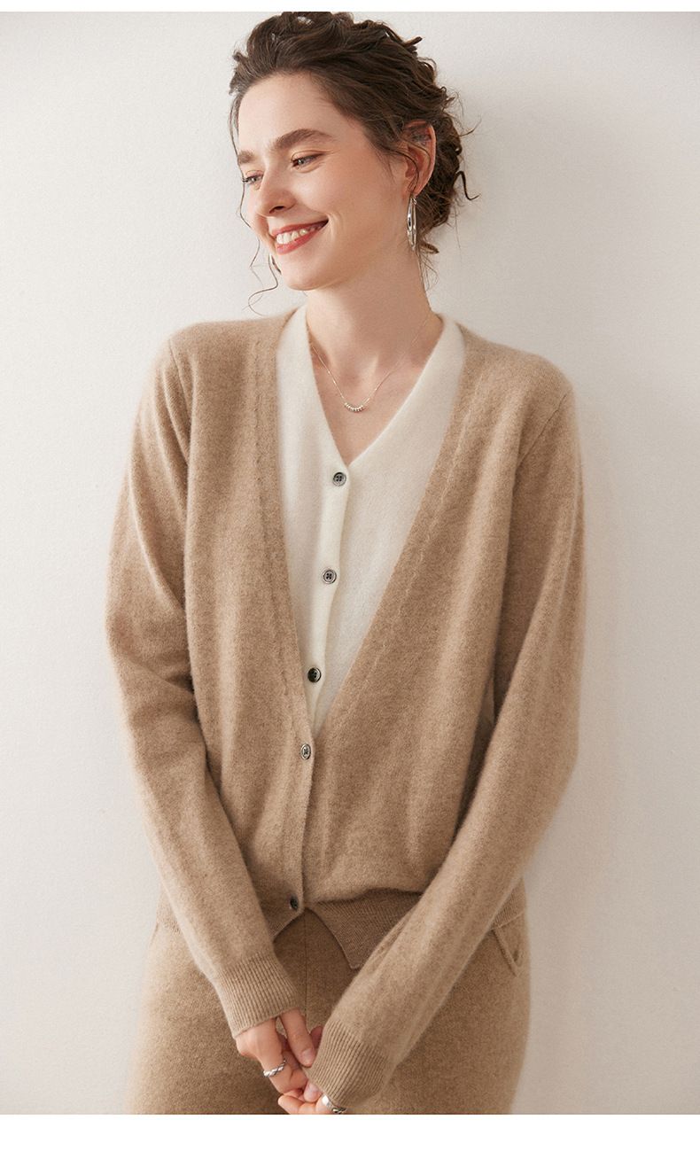 Cardigan tricoté à col en V pour femme, doux et confortable, style français, automne-hiver, pull ample en cachemire_voghion.com