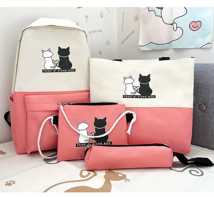 Borse da donna Zaino da scuola per studenti Set da quattro pezzi Nuovo campus Zaino dolce Astuccio per matite Tela stampata Motivo a cartoni animati_voghion.com