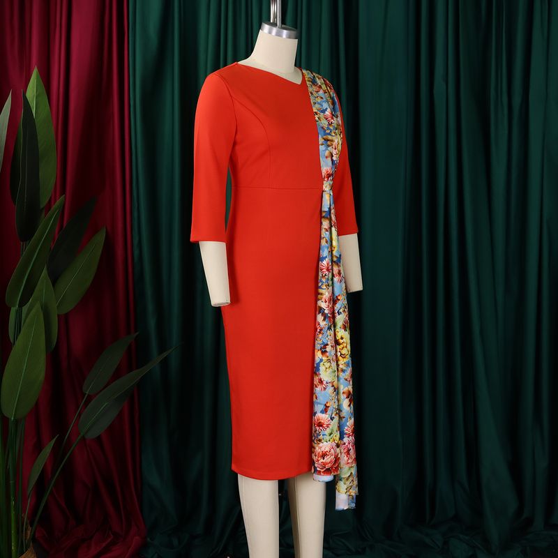 Knopf Krawatte Bedruckt D539 Plus Size Damenmode 2024 Elegantes OL Bleistiftkleid Bodycon Patchwork Atmungsaktives Kleidungskleid_voghion.com