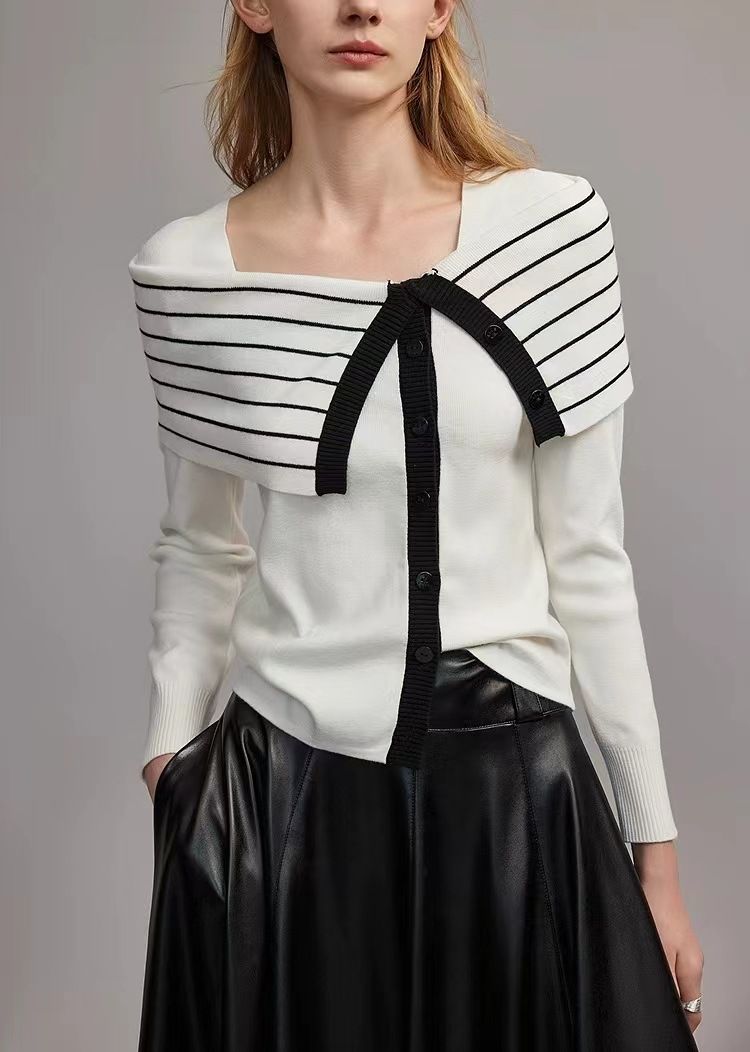 Women's Clothing Black And White Striped Two Piece Slim Wool Sweater New Design Temperament Sweater_voghion.com