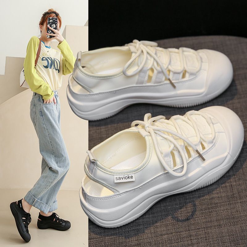 Hohl Leinwand Für Frauen 2025 Sommer Neue Koreanische Stil Student Weiße Schuhe Flache Ins Atmungs Halb Sohle P801_voghion.com
