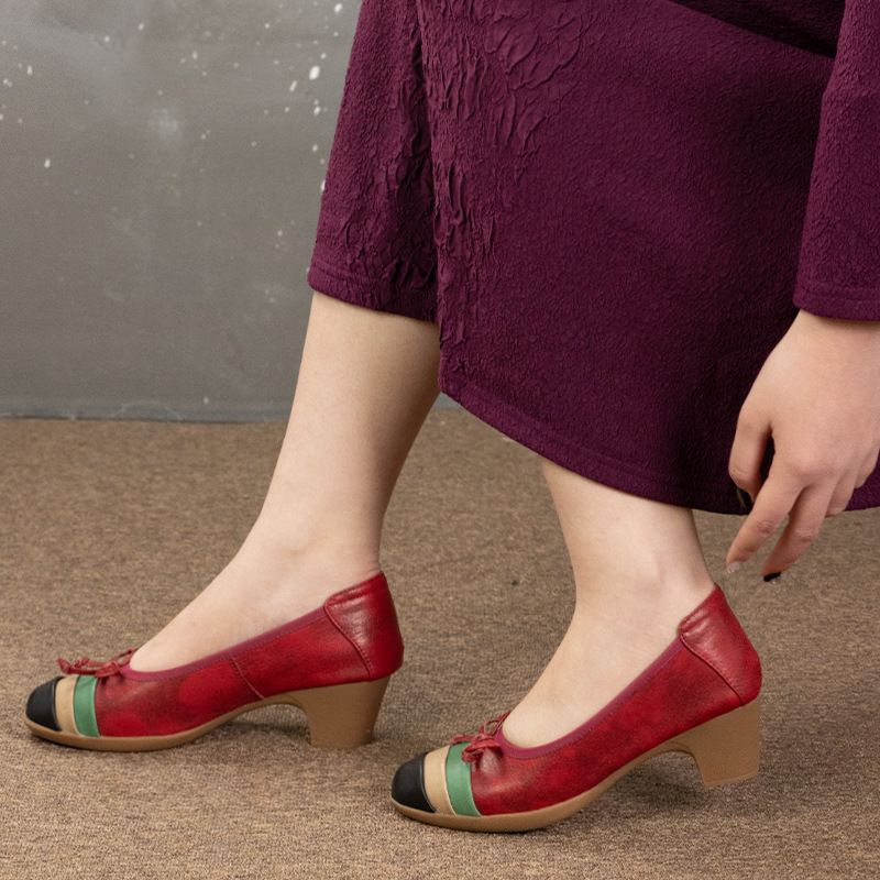 Oberschicht Rindsleder Single 2025 Frühling Neue Echtleder Blockabsatz Farbblock Rot Handgefertigte Damenschuhe_voghion.com