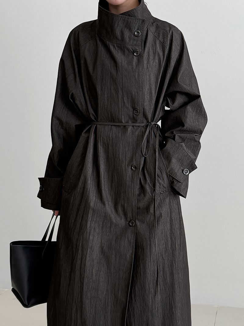 Minimalist British Style Trench Coat For Women, Long Sleeve Belted Duster Coat, Oversized Lapel Casual Overcoat In Beige & Denim Black_voghion.com