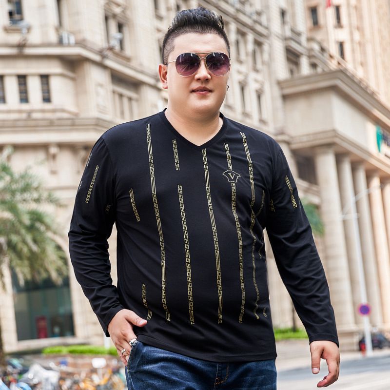 Große Herrenbekleidung, Herbst-T-Shirt für dicke Männer, Übergröße für junge Männer, dickes Langarm-T-Shirt mit V-Ausschnitt, National Tide für Herren_voghion.com
