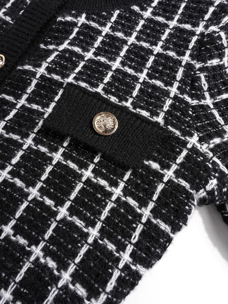 Grobstrick-Cardigan für Damen – Oversize-Langarm-Coatigan mit Knopfleiste und klassischem Karomuster (XS-XL, Schwarz-Weiß, Retro & Elegant)_voghion.com