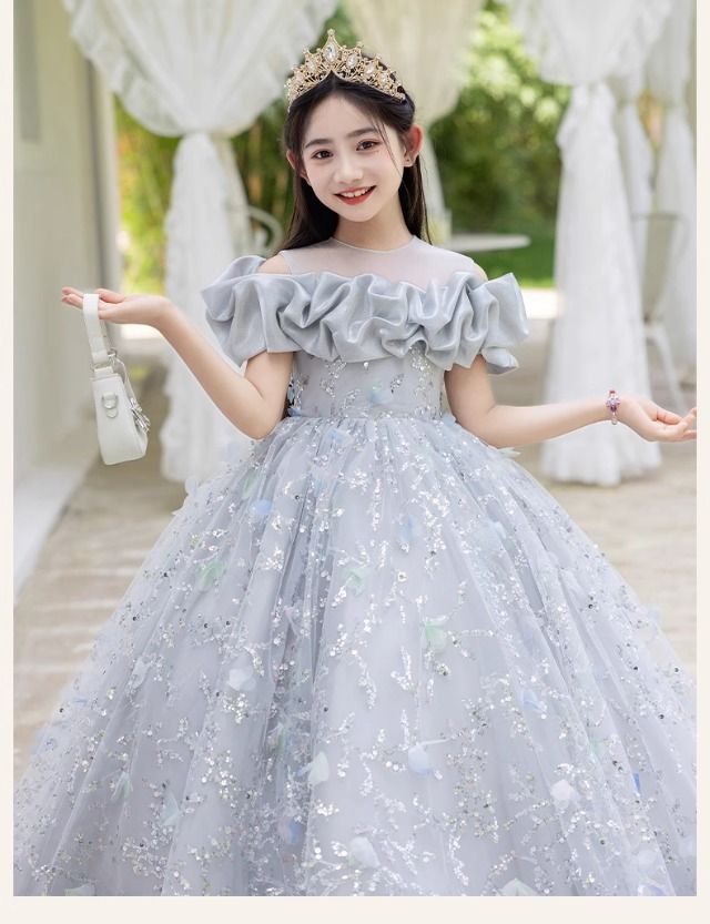 Abito da sera grigio argento per bambina - Elegante abito da principessa per compleanni e occasioni speciali_voghion.com