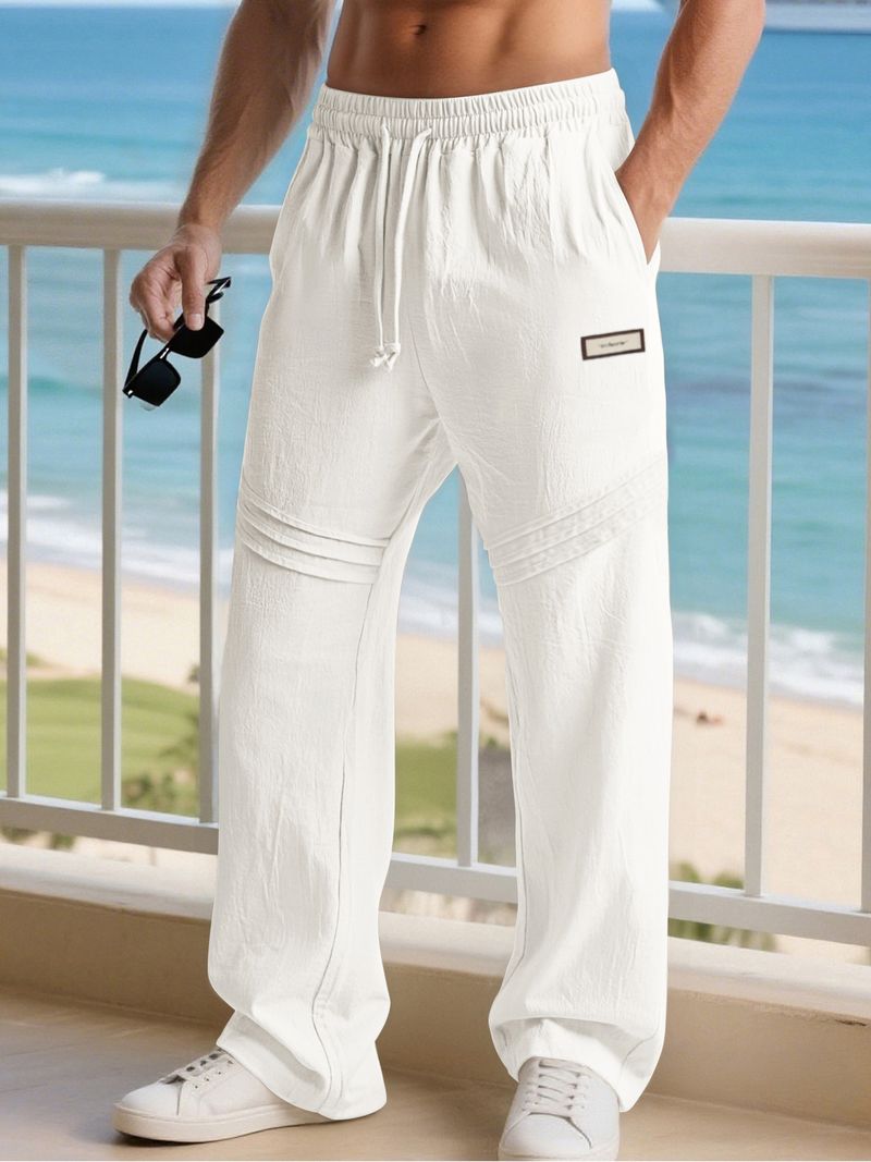 Herrenbekleidung, Arbeitskleidung, einfarbige Cargo-Jogginghose mit mehreren Taschen – lässige, locker sitzende, konisch zulaufende Hose mit mehreren Taschen aus reinem Baumwollleinen (Weiß, Beige)_voghion.com