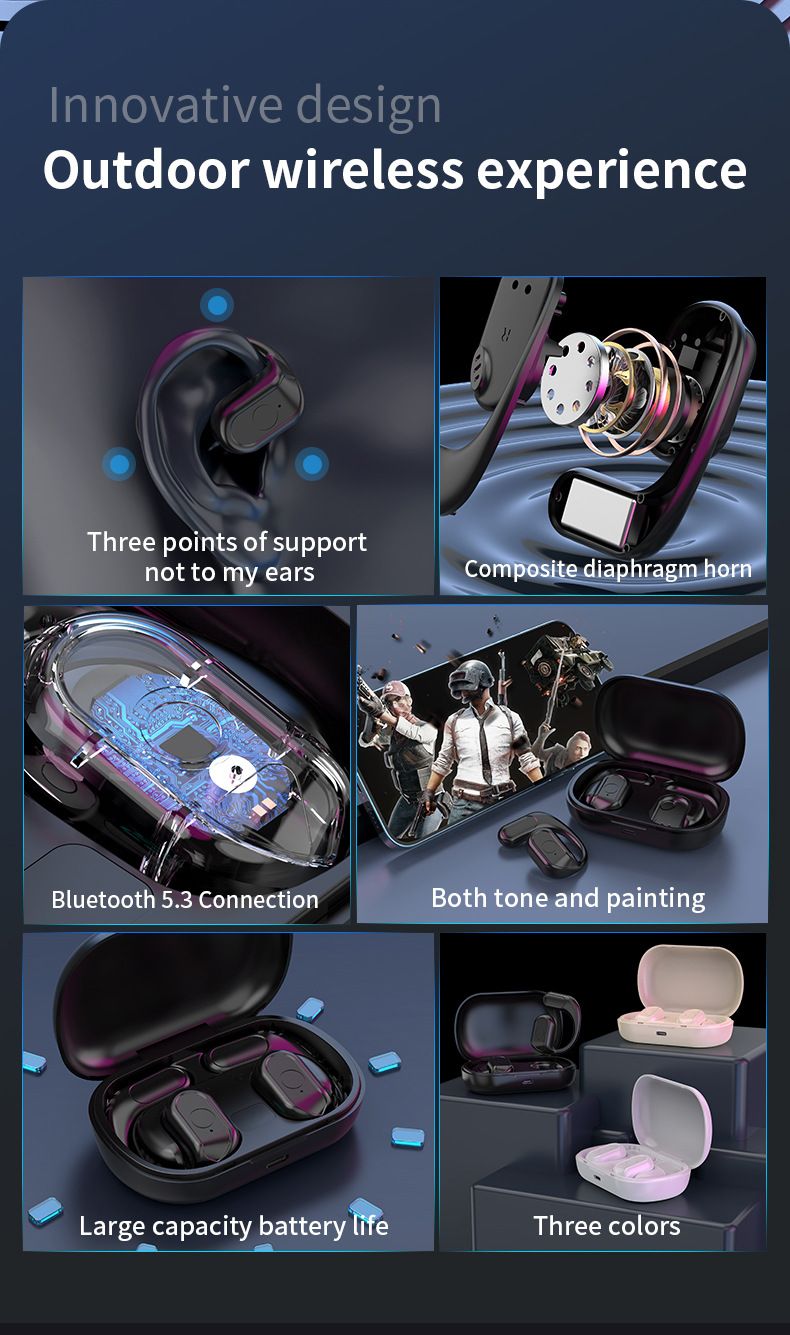 Nová otevřená Bluetooth headsetová sluchátka, skutečně bezdrátová, s háčkem na uši, ultra dlouhá výdrž baterie, kostní vedení, sportovní sluchátka bez uší_voghion.com