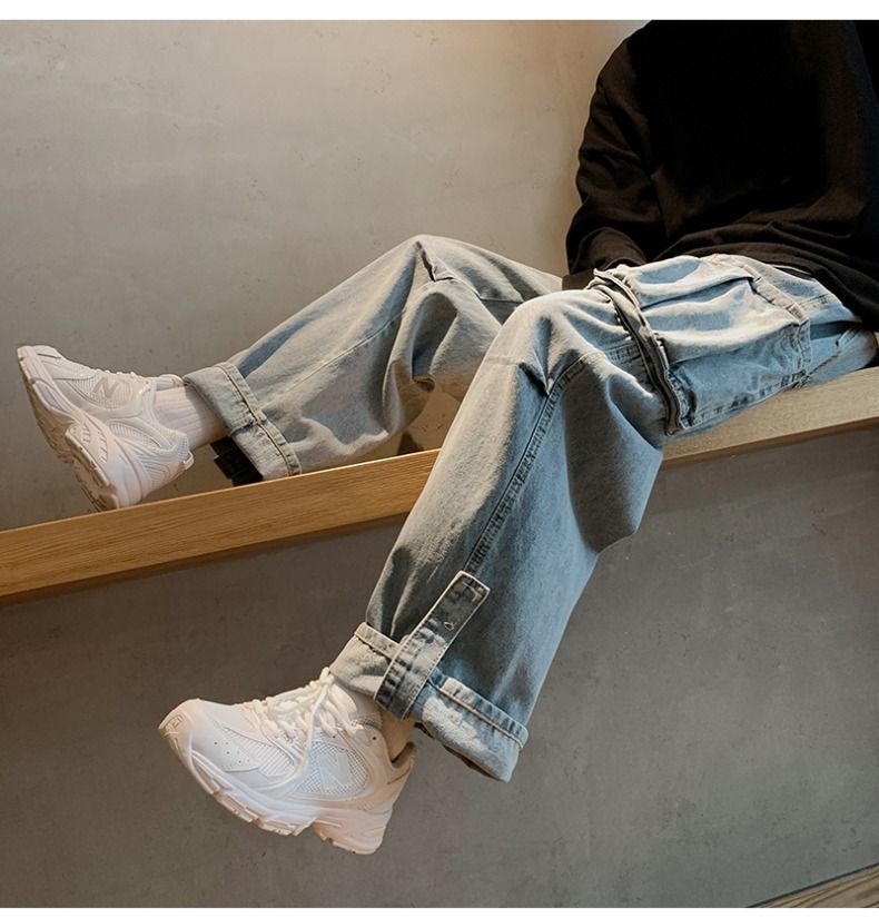 Fallen Wide Jeans Männer, Riicht Been, locker, villfälteg Aarbechtskleedung, Cropped Hosen fir Fréijoer an Hierscht, Papphosen, Trendy_voghion.com