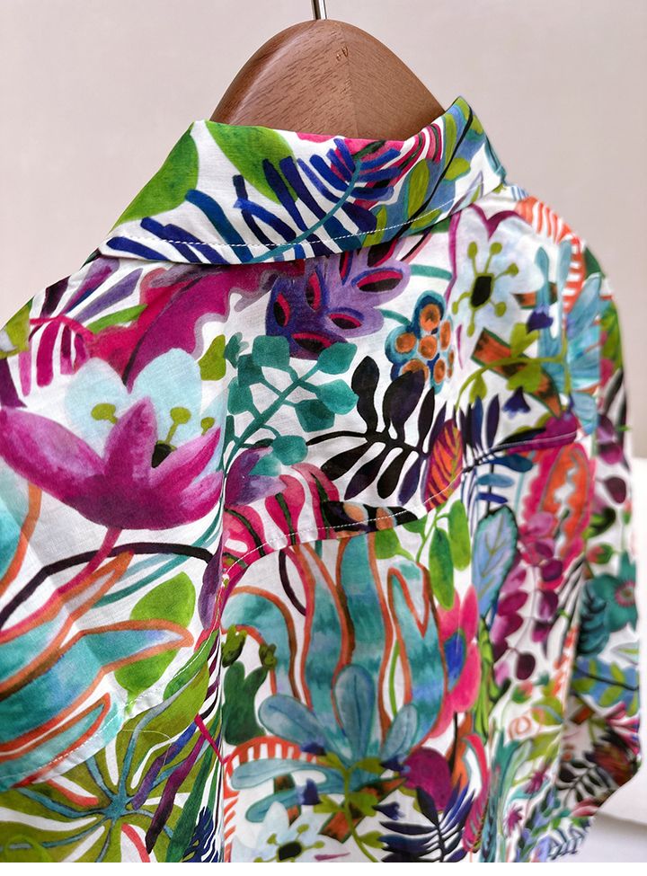 French niche art tropical rainforest plant print loose commuting slimming versatile straight tube long sleeved shirt_voghion.com