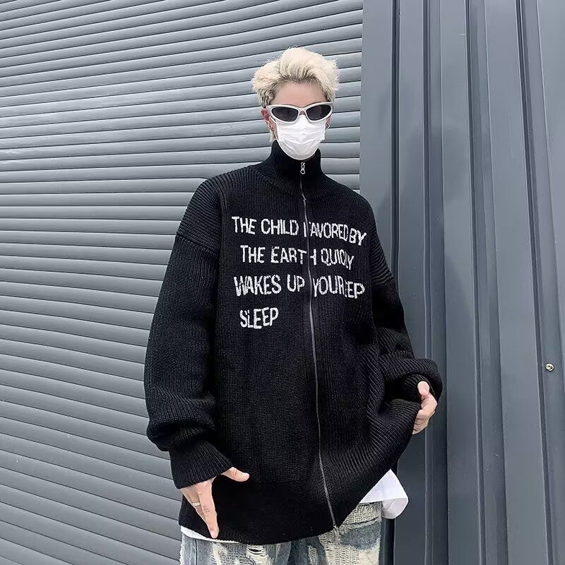 Autumn New Loose Stand Up Collar Knitted Men's Retro Letter Printed Cardigan Sweater Jacket_voghion.com