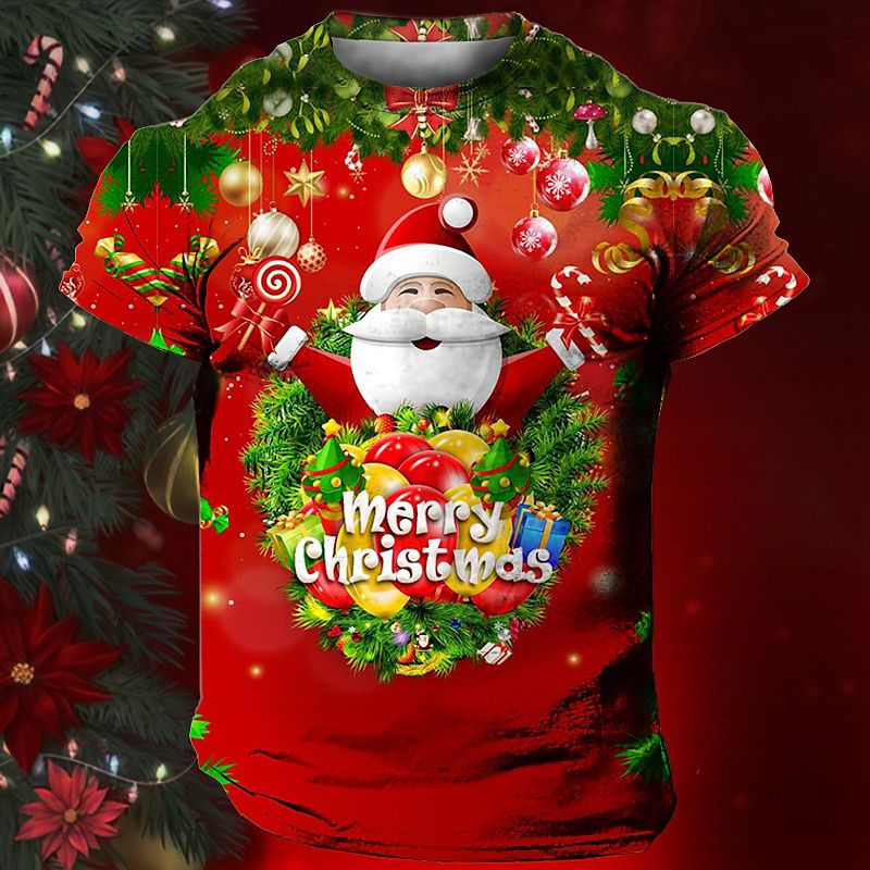 T-shirt humoristique à motif Père Noël pour homme, imprimé chien de Noël en 3D, décontracté, manches courtes, ample, col rond, été_voghion.com