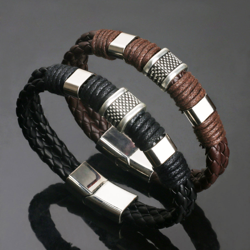 Bracciali in pelle alla moda Bracciali in corda intrecciata multistrato da uomo in acciaio inossidabile per gioielli con bracciali maschili_voghion.com