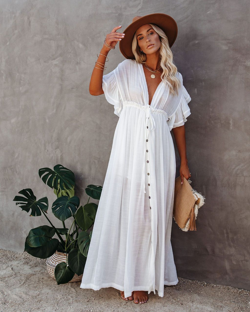 nuovo stile copricostume da spiaggia in tessuto di bambù con bottoni, corda in vita, gonna lunga, camicia di protezione solare_voghion.com