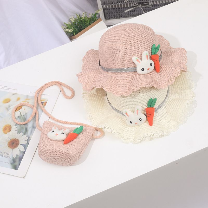 Piccolo set di cappelli da spiaggia con ombrellone in paglia per bambini e bambine, con bordo ondulato fresco_voghion.com