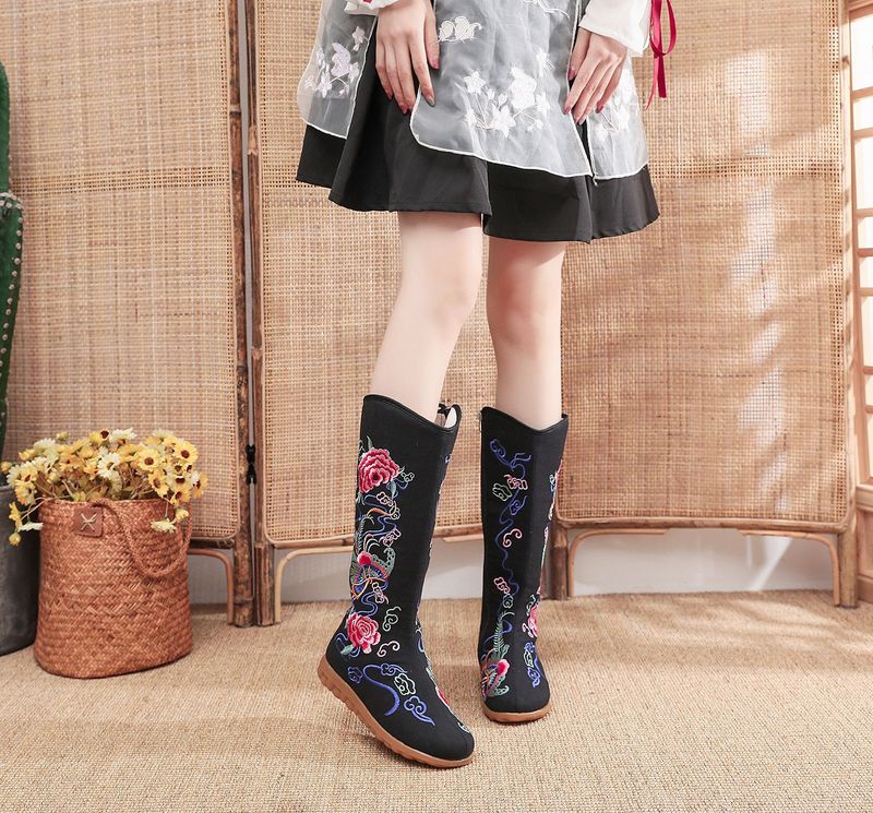 Enkelstövel i bomull, mellanhöga, platta, feta fötter, överdimensionerade tygstövlar, broderade damskor, dragkedja i sidan_voghion.com