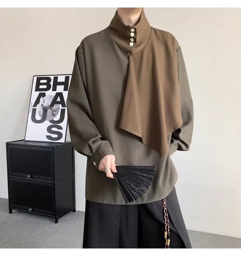 Retro dizaina raibu darbu stila krekls ar stāvapkakli, vīriešu garpiedurkņu, brīvi drapēts krekls pavasarim_voghion.com