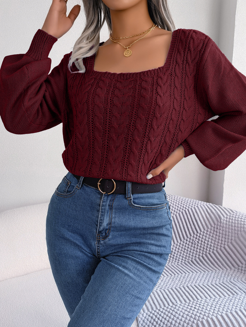 Maglione pullover casual con scollo quadrato e maniche a lanterna in maglia a trecce, moda femminile per autunno e inverno_voghion.com